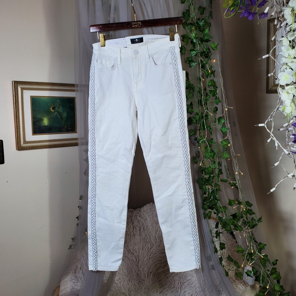 7 For All Mankind Indie Jeans Size 26 Rocker Chic White The Ankle Skinny Braided